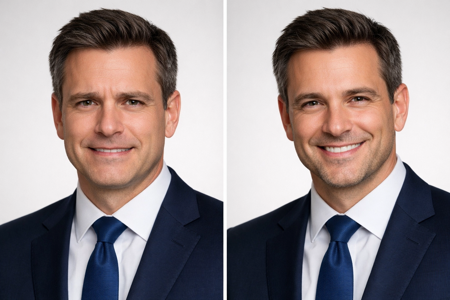 Side-by-side comparison of forced versus genuine expressions in professional headshots.