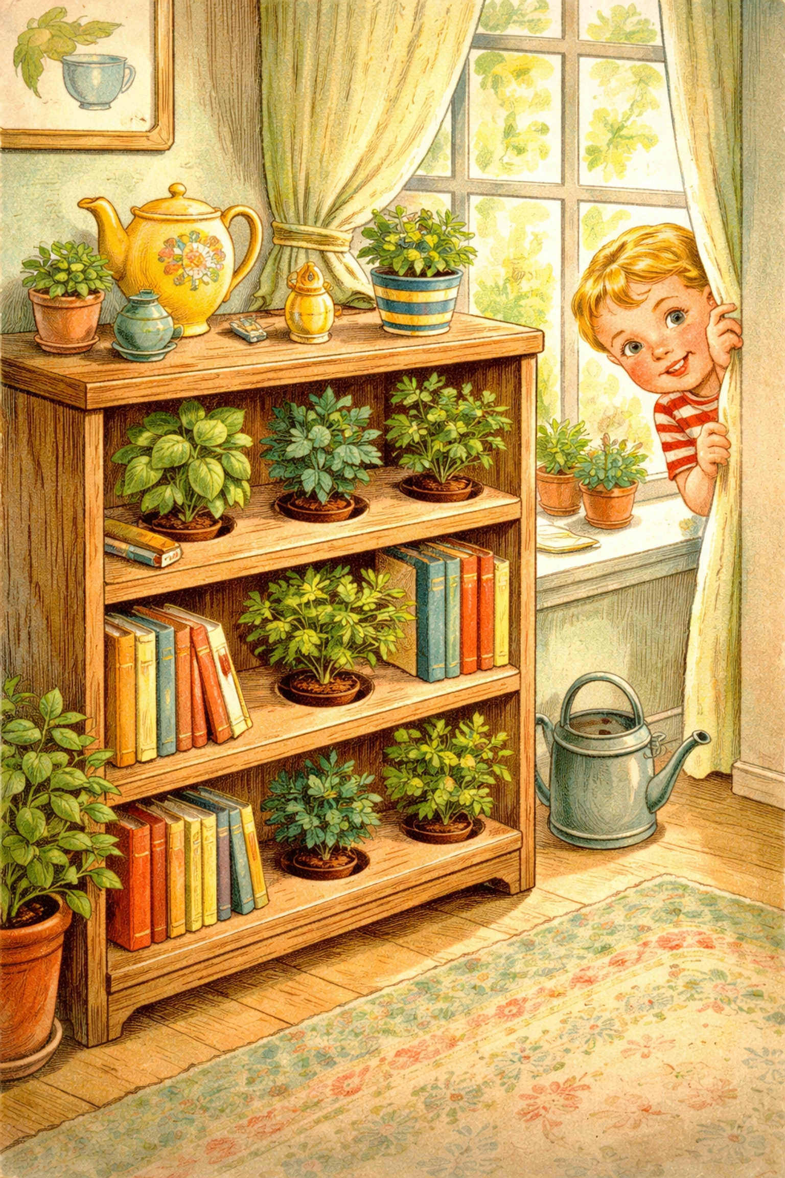 A cozy living room bookshelf doubling as a hidden indoor herb garden with basil, mint, and parsley by a sunny window.