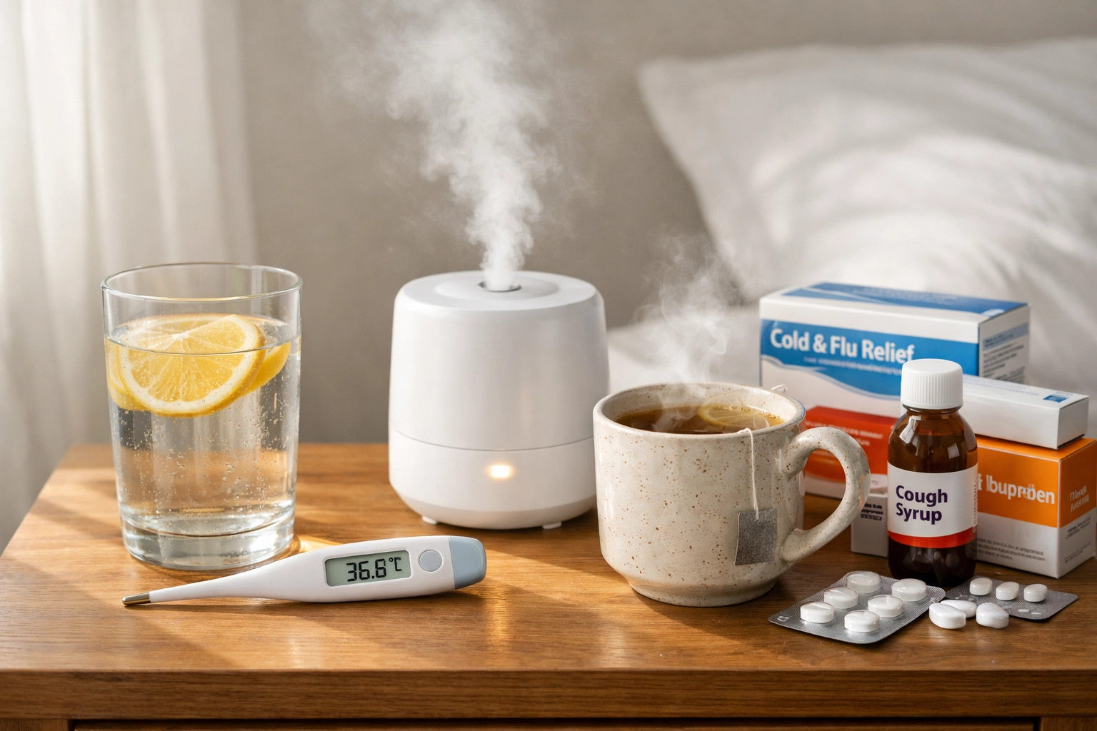 Home flu recovery essentials including thermometer, medications, and herbal tea