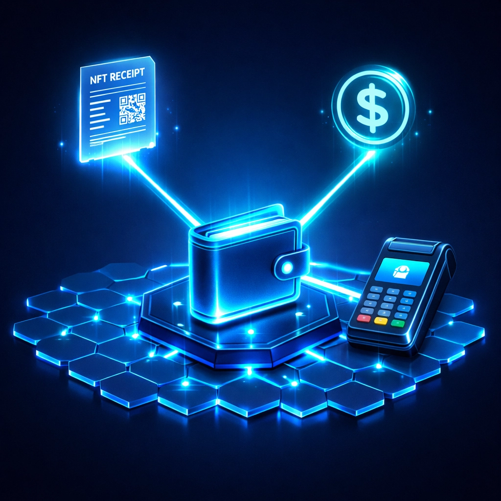 Web3 payment ecosystem connecting digital wallet, NFT receipts, stablecoin, and merchant POS terminal