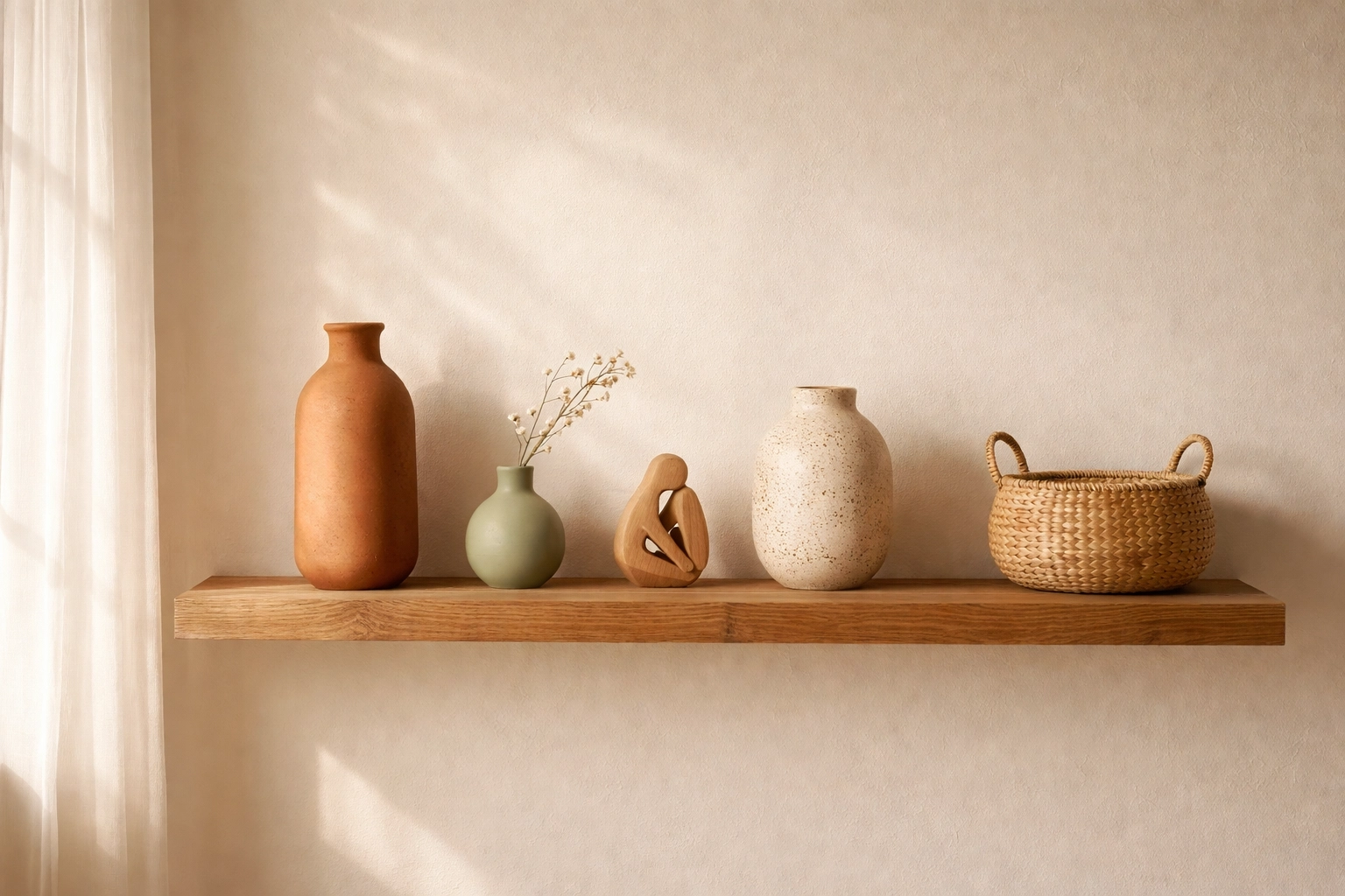 Curated floating shelves displaying handcrafted vases, wooden art, and baskets with ample negative space for a clutter-free look