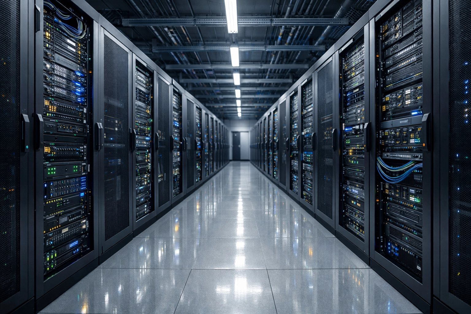 High-density data center aisle showing enterprise server racks used for AI infrastructure.