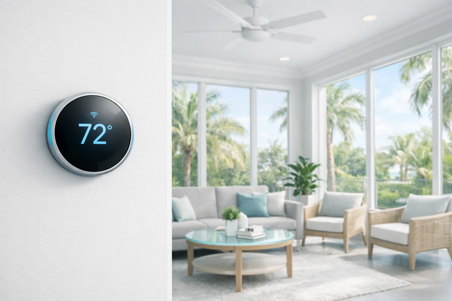 Digital smart thermostat in a bright Florida sunroom demonstrating energy-efficient HVAC climate control.