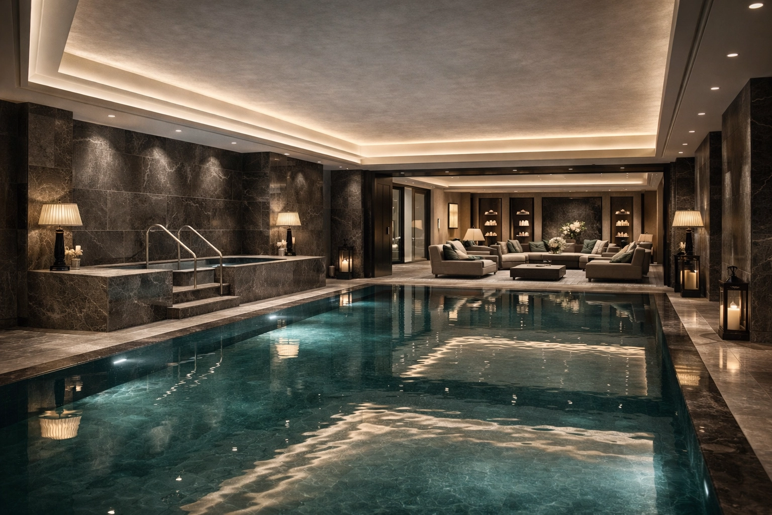 Aspirational luxury swimming pool and private spa suite inside a high-end Chelsea mansion, styled with a polished Palace Auctions aesthetic.