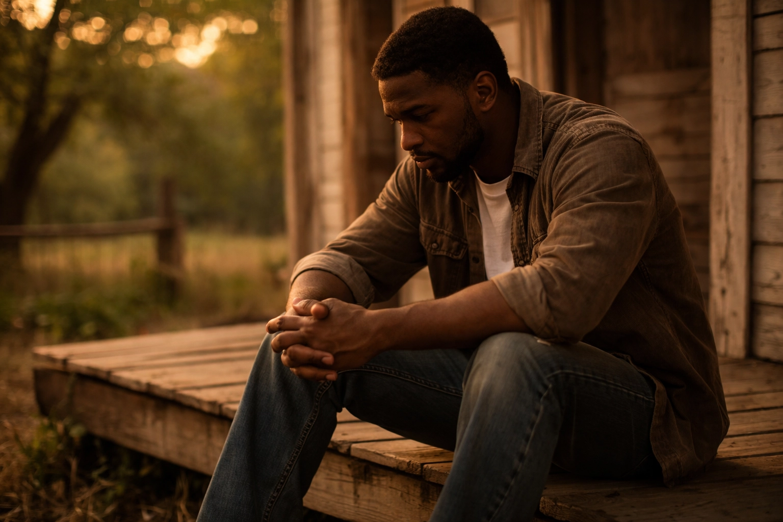Black man sitting alone on a porch at sunset, reflecting the mental health impact of relationship conflict and anxiety.