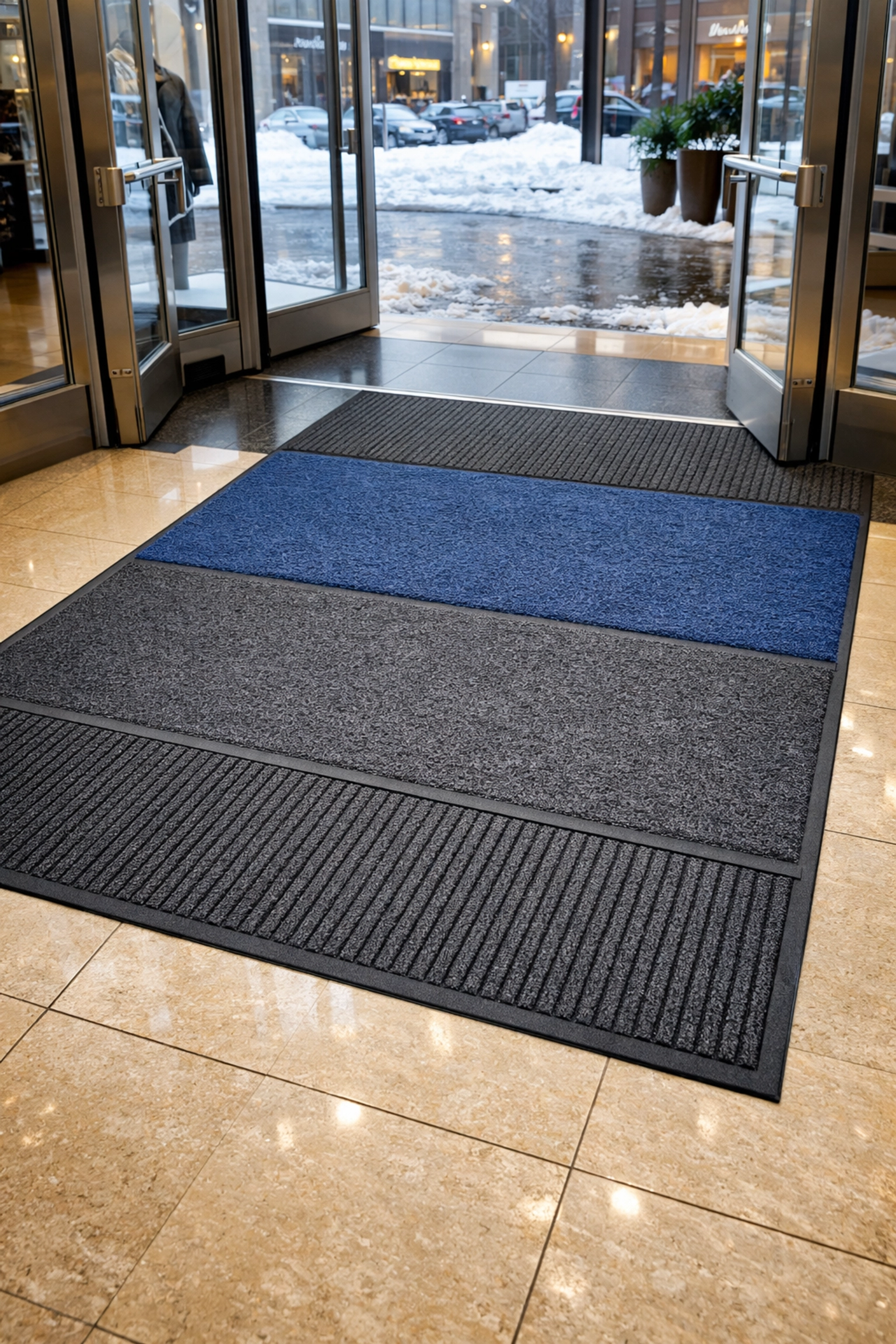 Professional matting system and dry tile floors in a Malden retail entrance during winter.