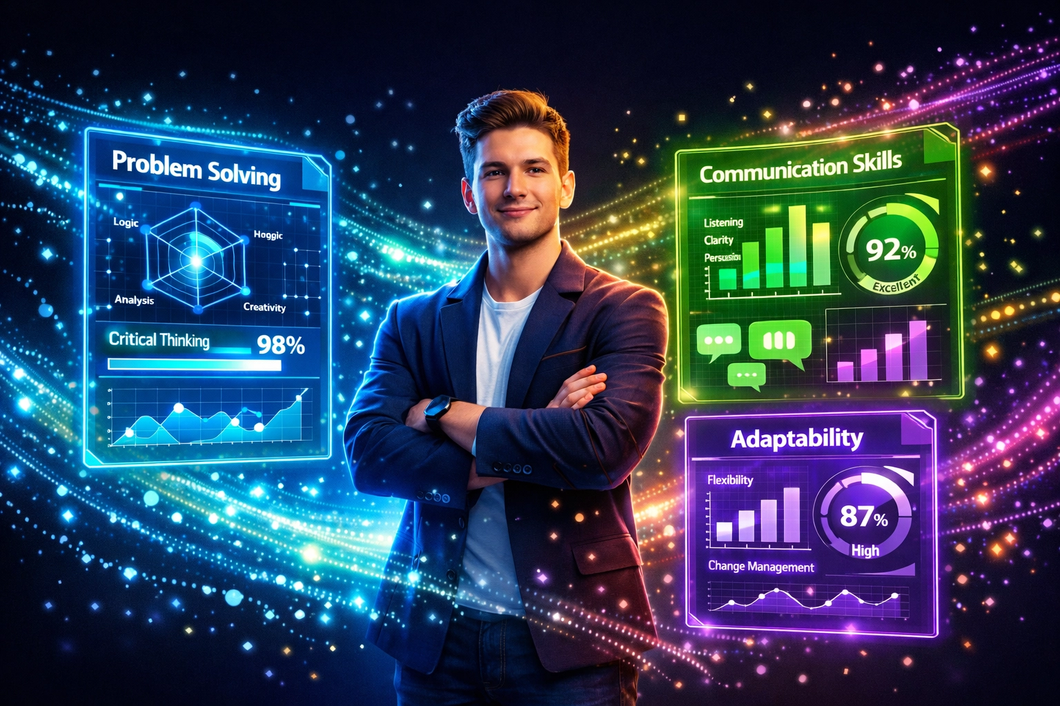 Graduate surrounded by holographic AI assessment panels measuring industry readiness capabilities