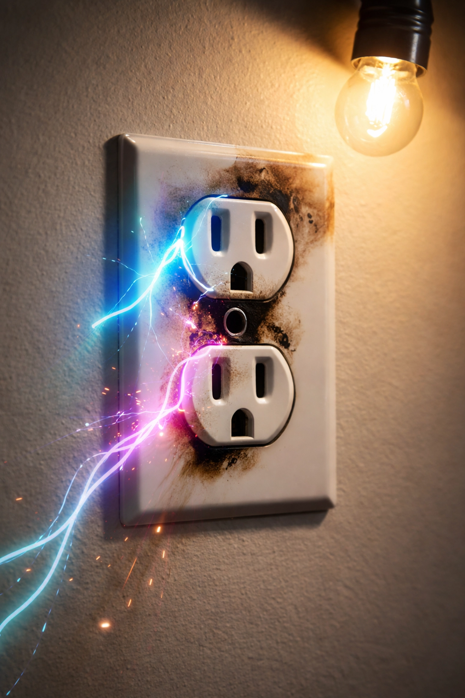Residential electrical outlet with scorch marks showing the risks of ignoring flickering lights and electrical hazards