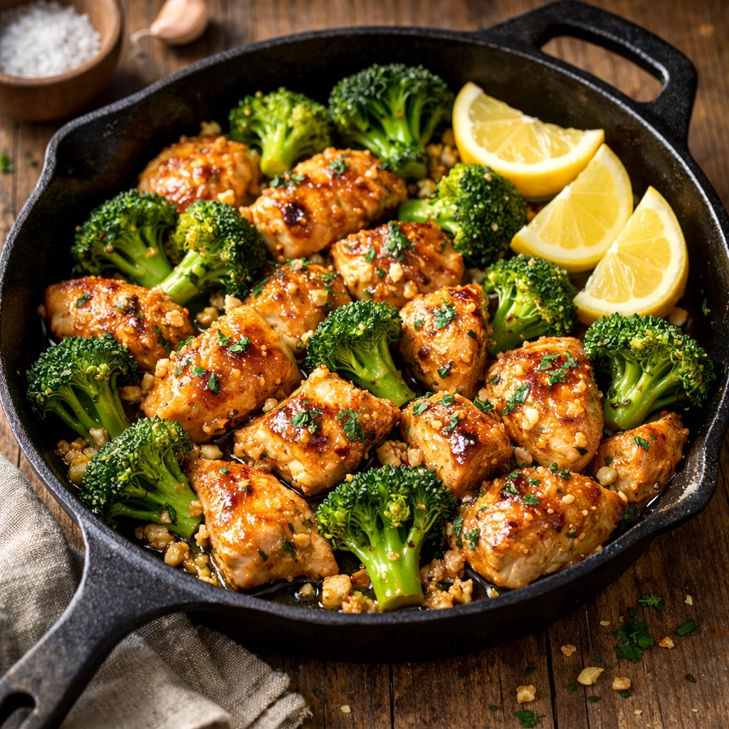 5-ingredient garlic butter chicken with broccoli in cast iron skillet