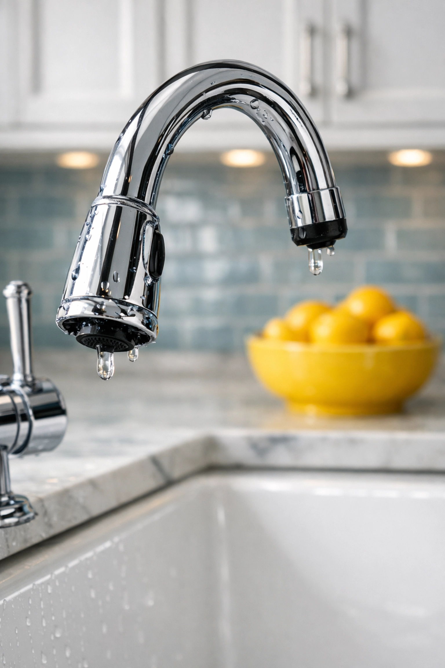 Detail-oriented house cleaning in a Barnstable kitchen featuring a spotless chrome faucet and white counters.