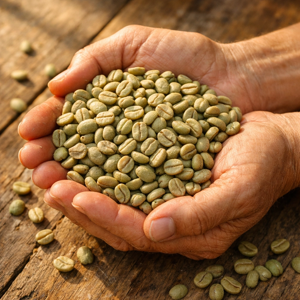 Hands cupping raw green coffee beans, showcasing the origin and transparency of wholesale specialty coffee.