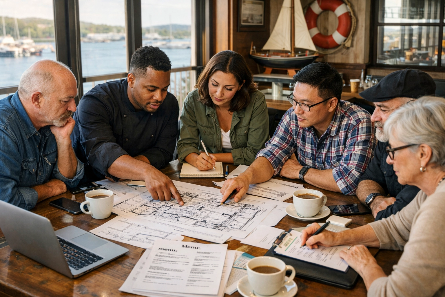 Restaurant consultants reviewing feasibility studies and turnaround plans for waterfront development