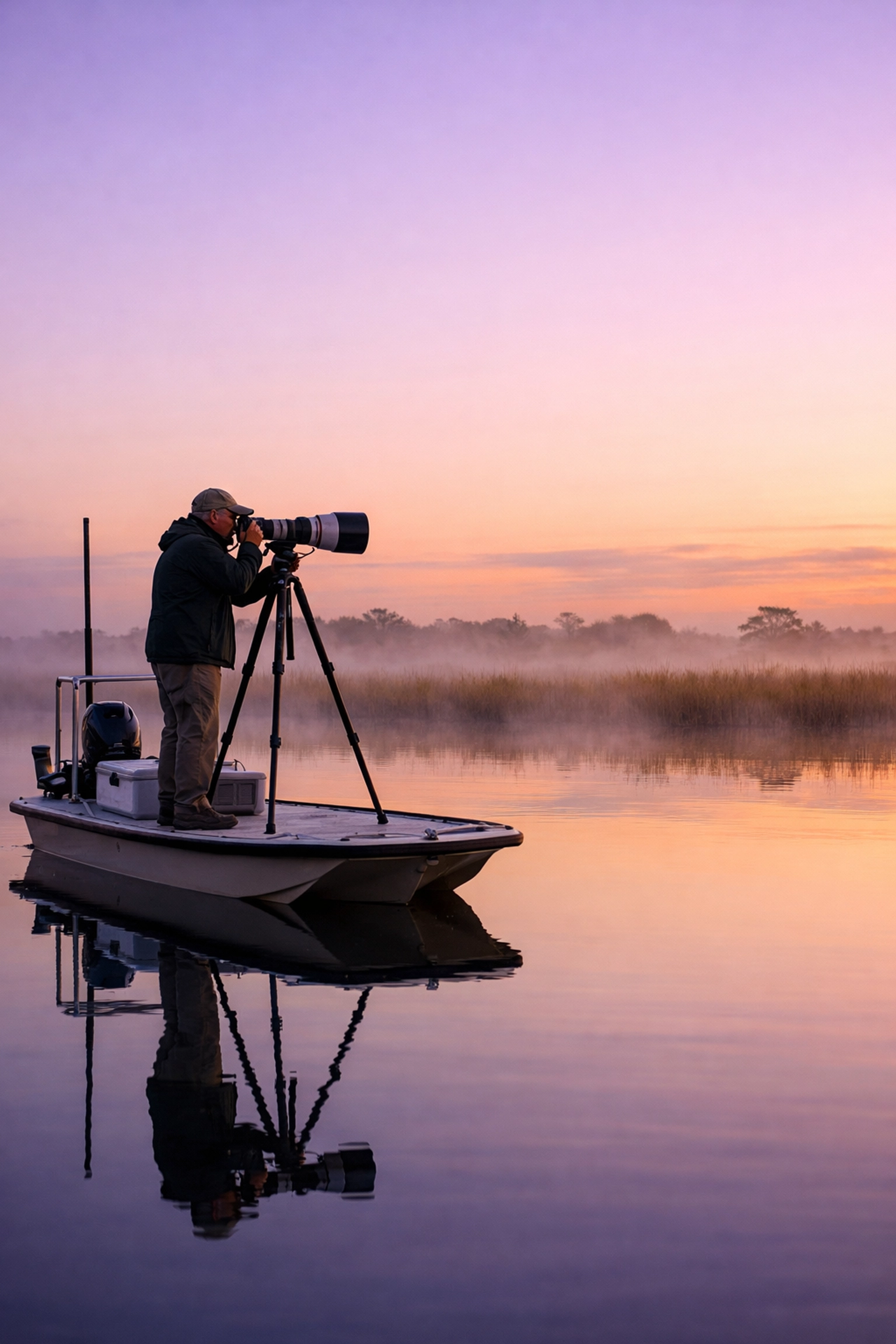 Professional photographer on a private skiff during a sunrise Everglades photography tour.