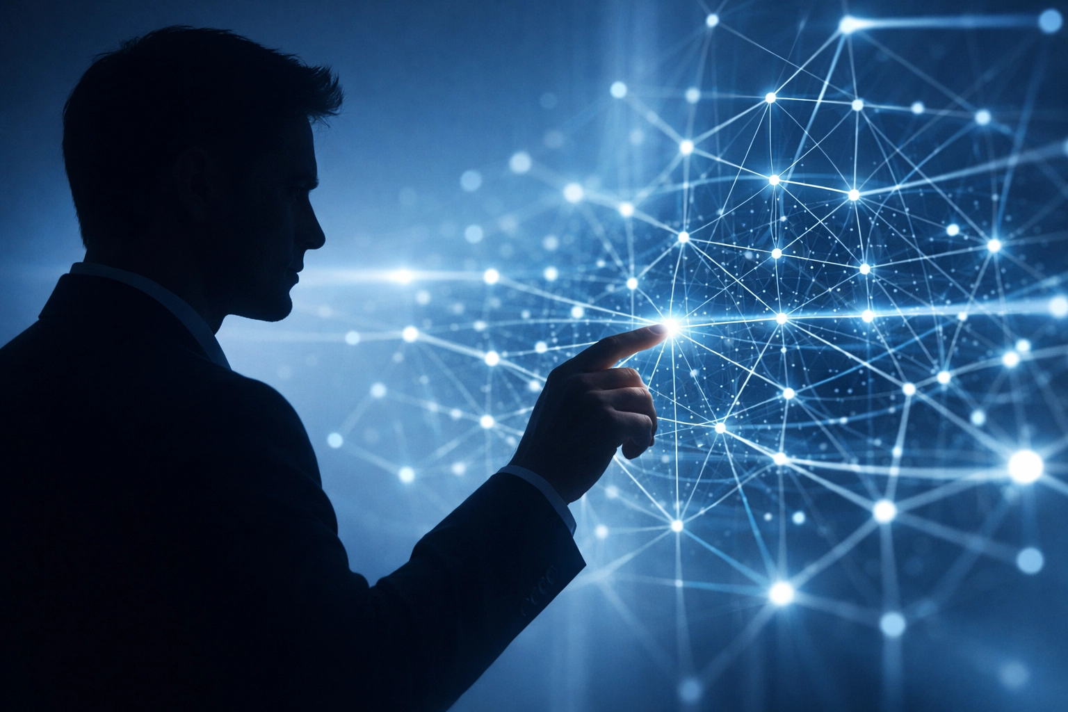 Human professional overseeing a digital AI data network representing human-in-the-loop workflow automation.