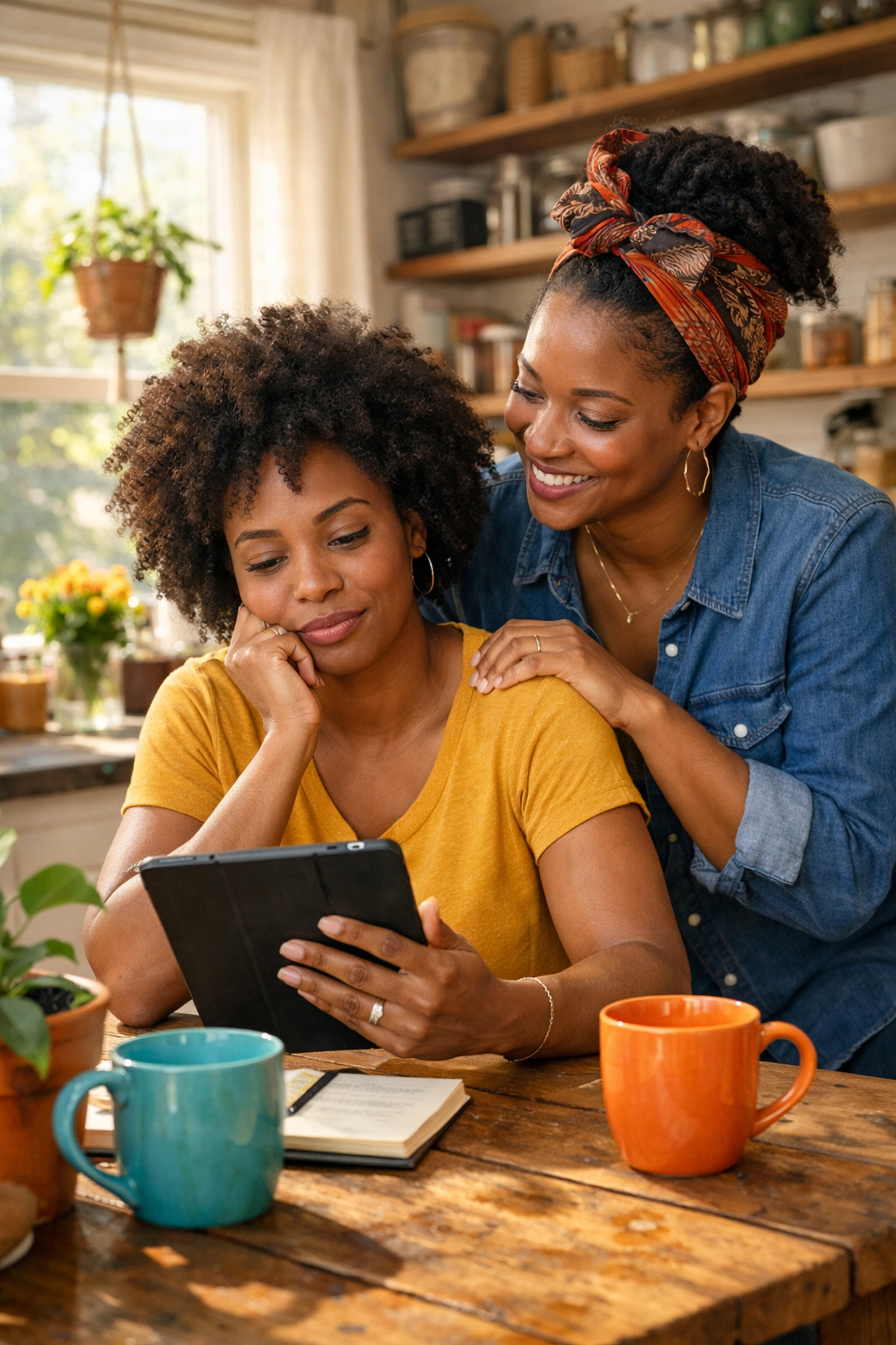 Two Black women in a South Jersey kitchen discussing emergency savings and financial resilience.