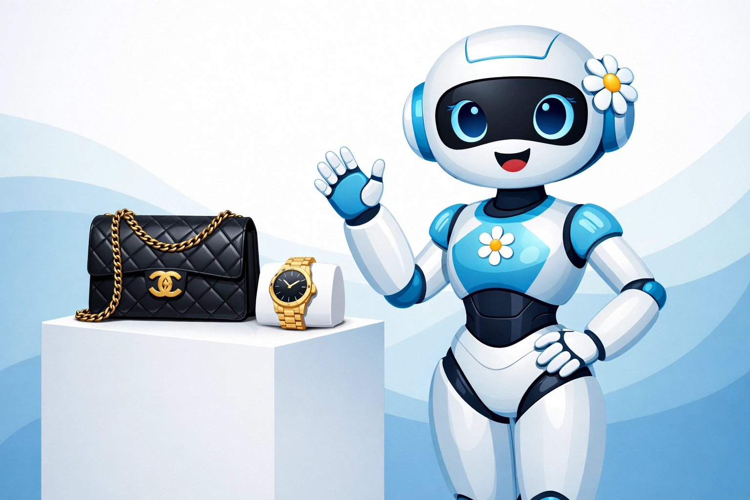 Daisy AI mascot assisting with luxury handbag and watch authentication in a pawn shop.