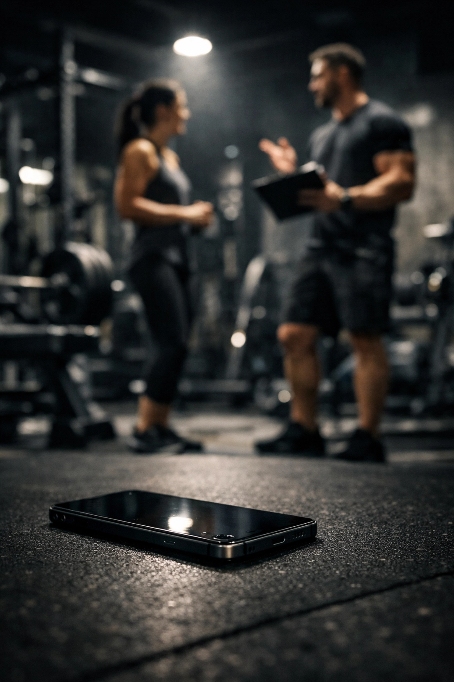 A glute personal trainer near me coaching a client while a phone lies face-down in a private gym.