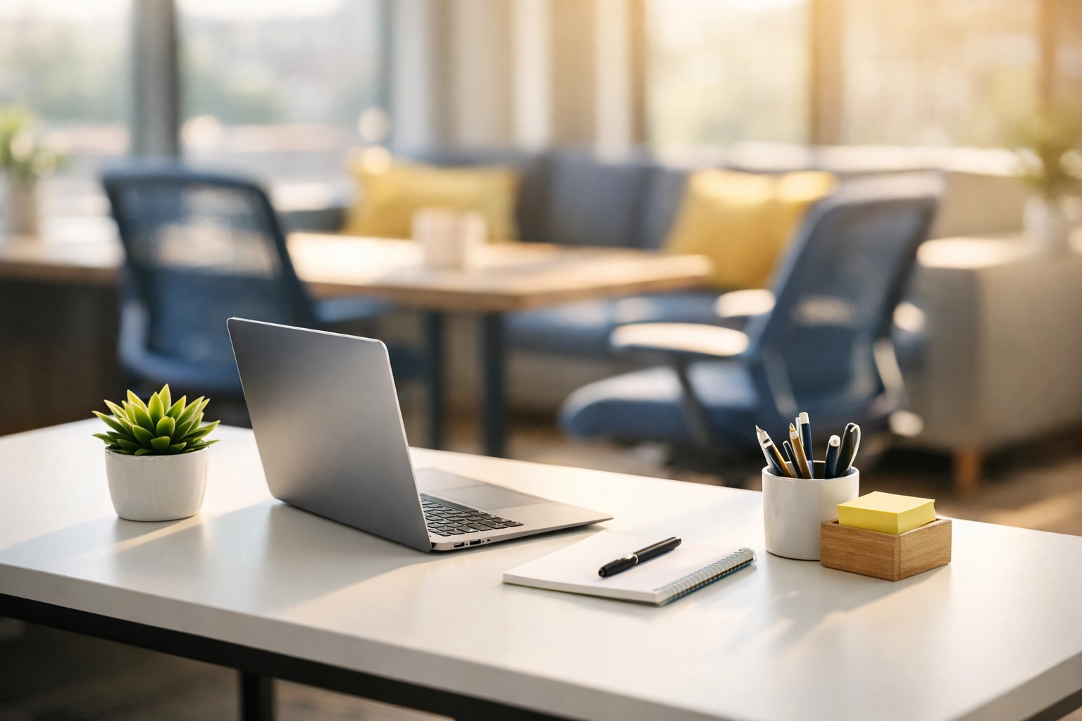 Clean, sun-drenched modern workspace in Bedford highlighting the benefits of professional office cleaning Bedford.