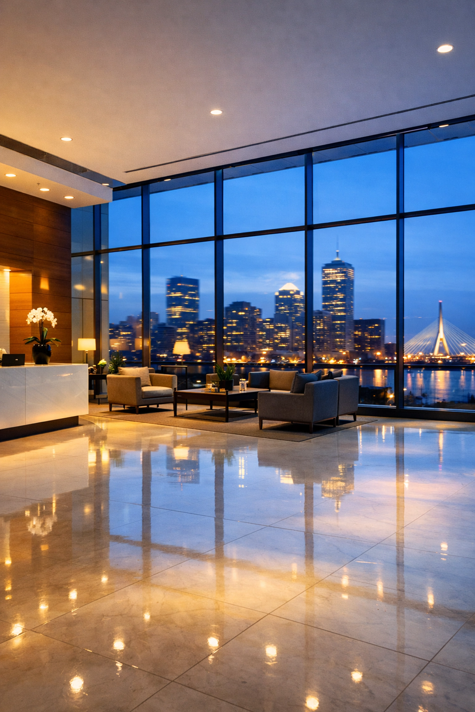 Immaculate corporate lobby in Massachusetts after expert industrial cleaning and maintenance.