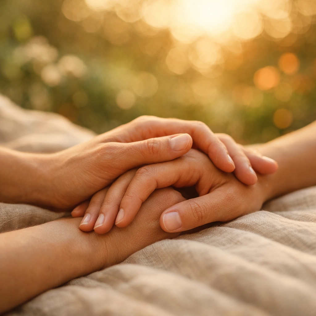 Two hands gently holding each other, representing emotional safety and connection in healthy relationships.