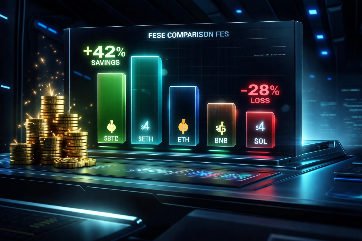 Futuristic dashboard comparing crypto payment processor fees, highlighting savings for merchants with Larecoin.