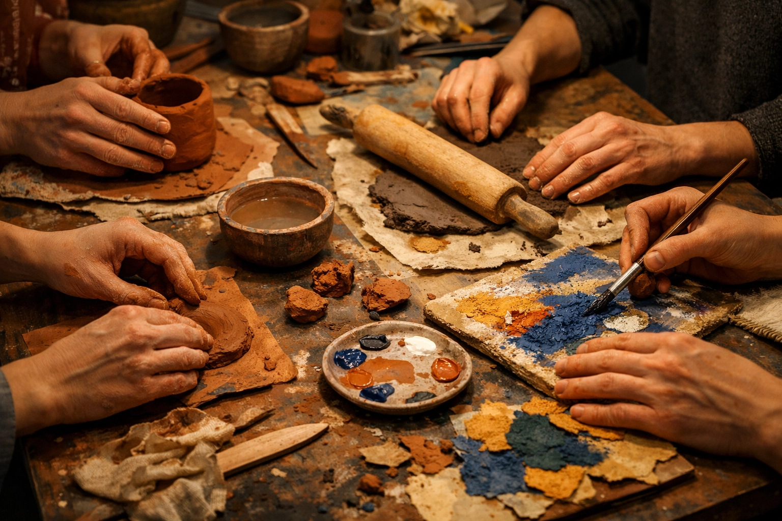 Hands creating with tactile art materials for nervous system regulation and stress management