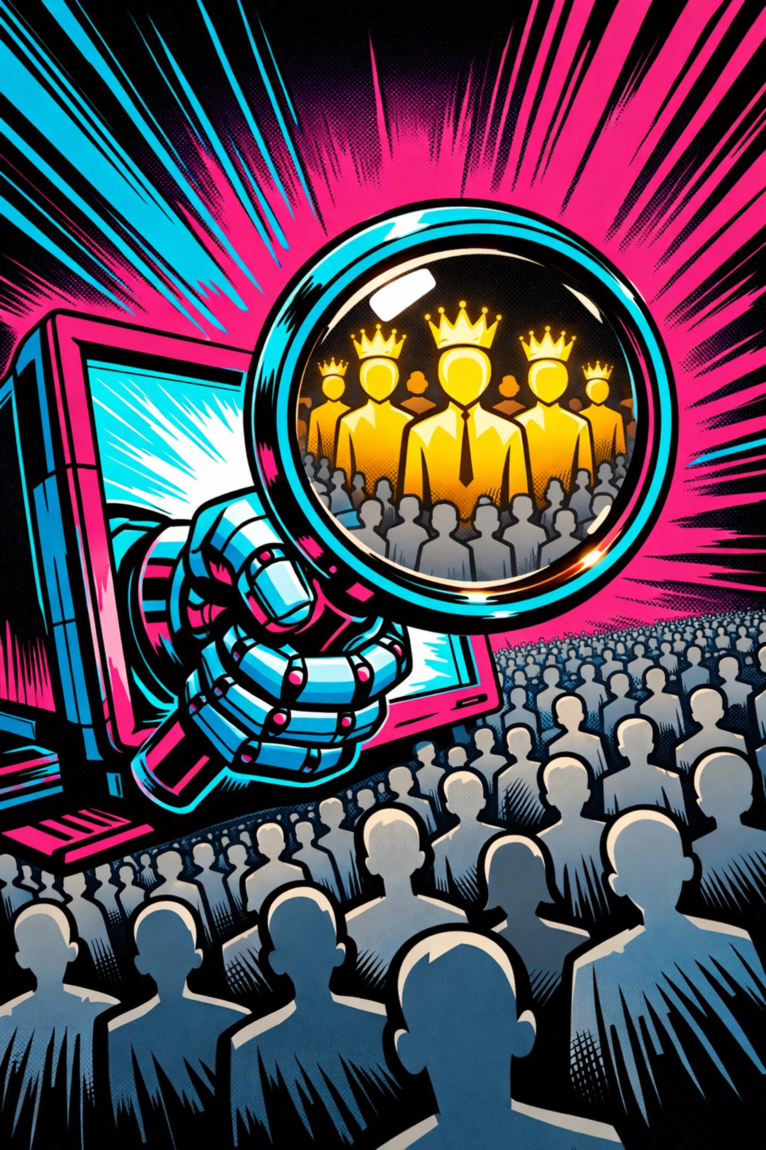 Digital magnifying glass identifying high-quality prospects using AI business automation tools.