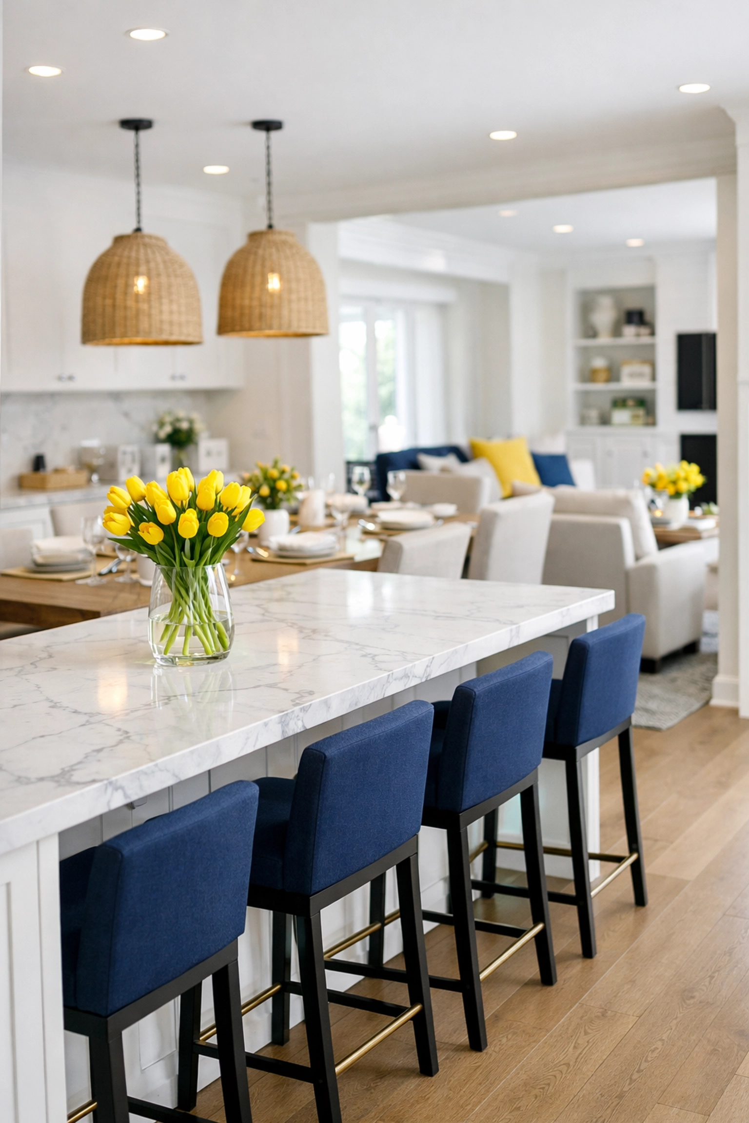 An organized family kitchen and dining room showcasing clean, high-traffic living spaces.