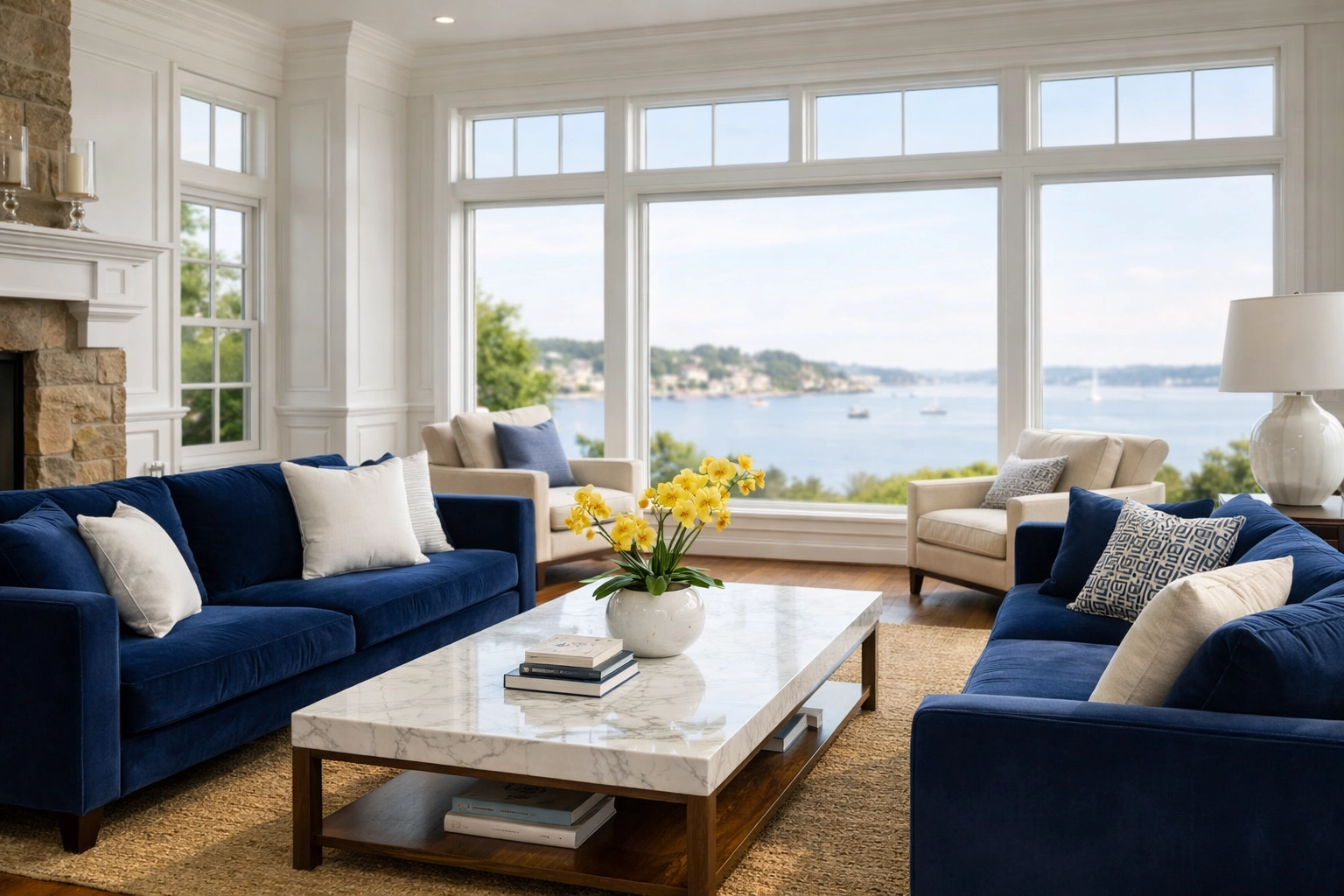A bright Hingham estate living room with polished floors and coastal views, reflecting expert Hingham Luxury Cleaning.