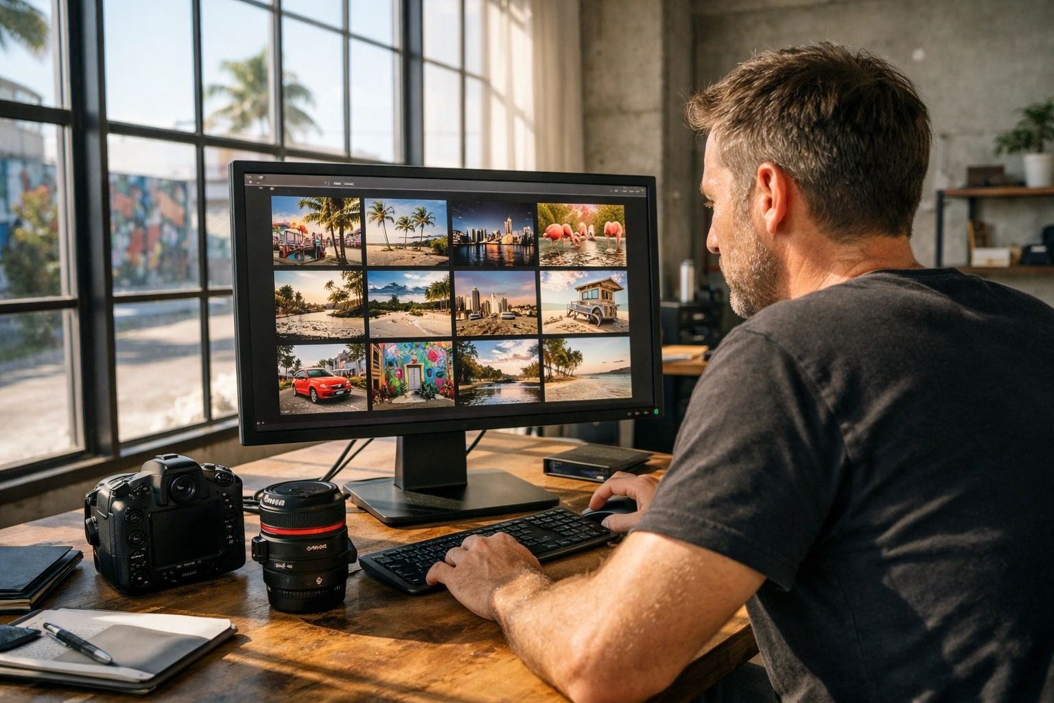 Professional photographer reviewing a digital portfolio in a Miami studio for job opportunities.