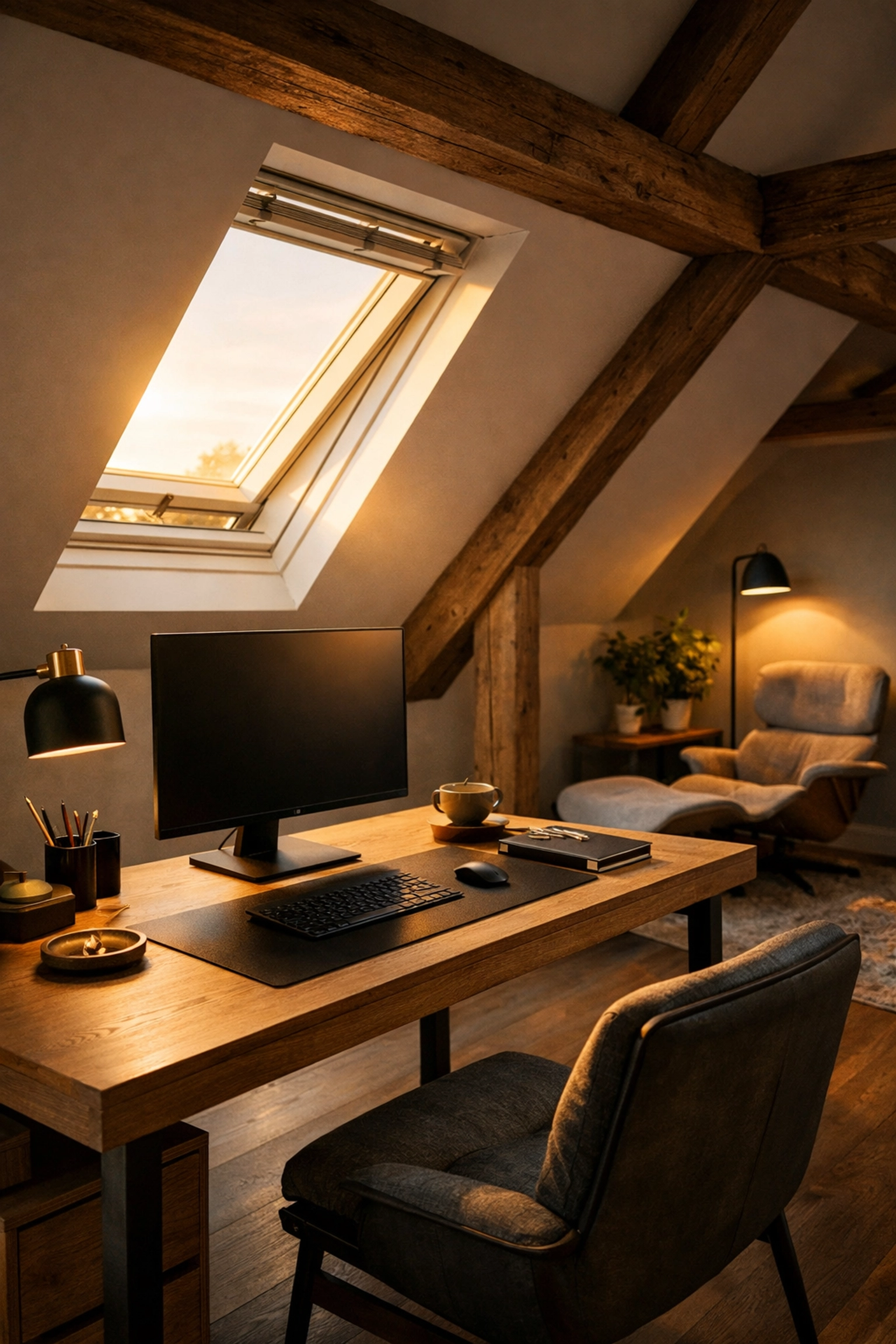 Tranquil loft conversion home office with a Velux window and natural light for productivity.