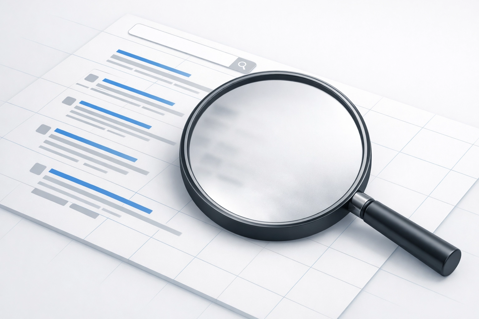 Magnifying glass over a search grid showing vanishing citations and lost source data in Google AI Overviews.