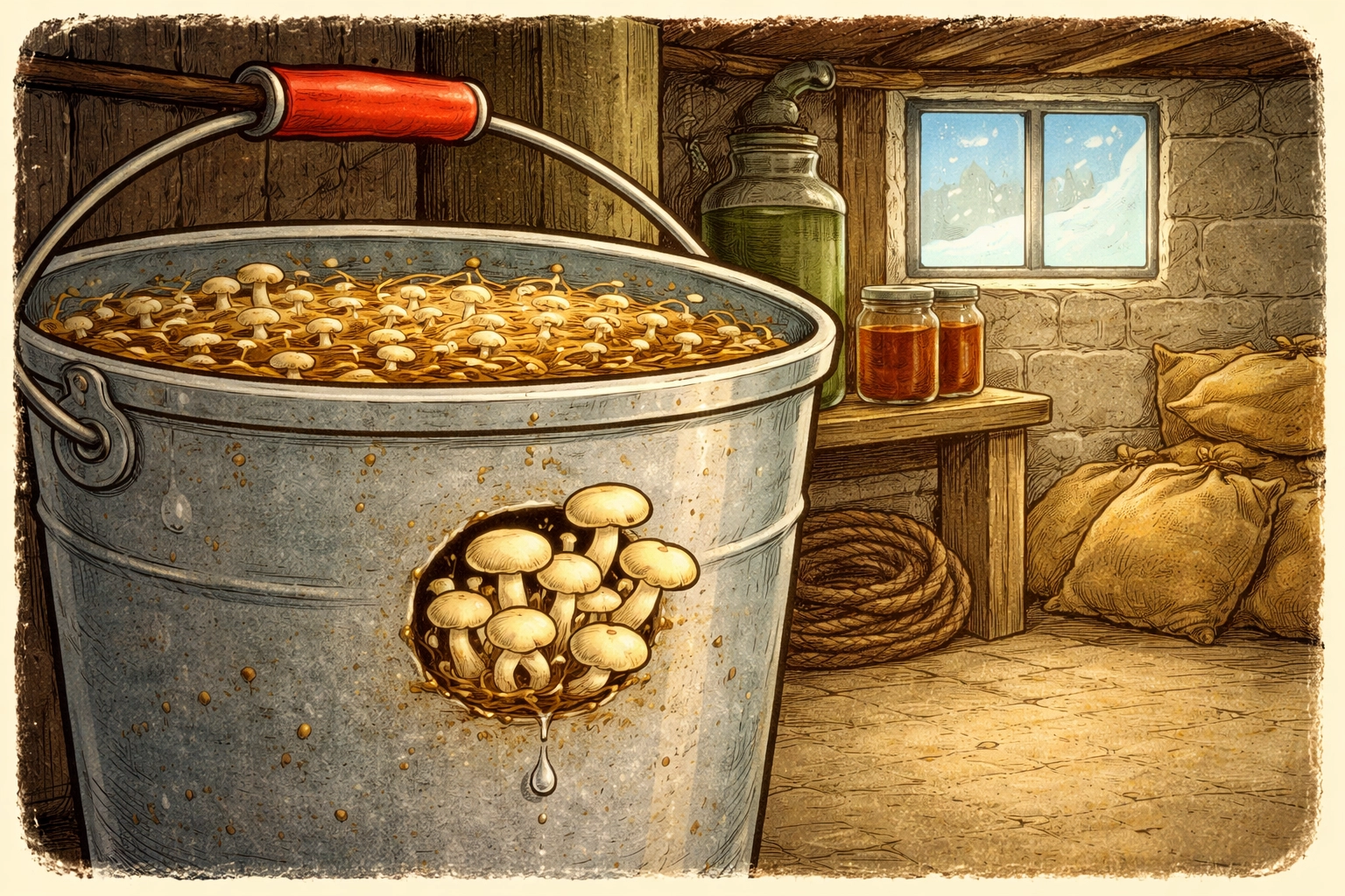 Close-up of tiny oyster mushroom pins emerging from a bucket in a whimsical 1950s storybook style (no people, no text).