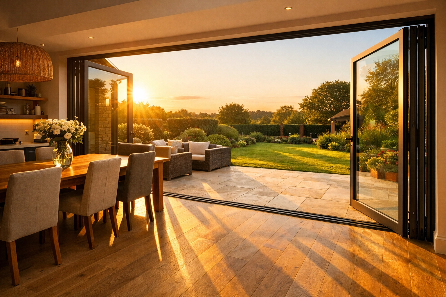Anthracite bifold doors in a West Sussex kitchen extension opening onto a sunlit limestone garden terrace.