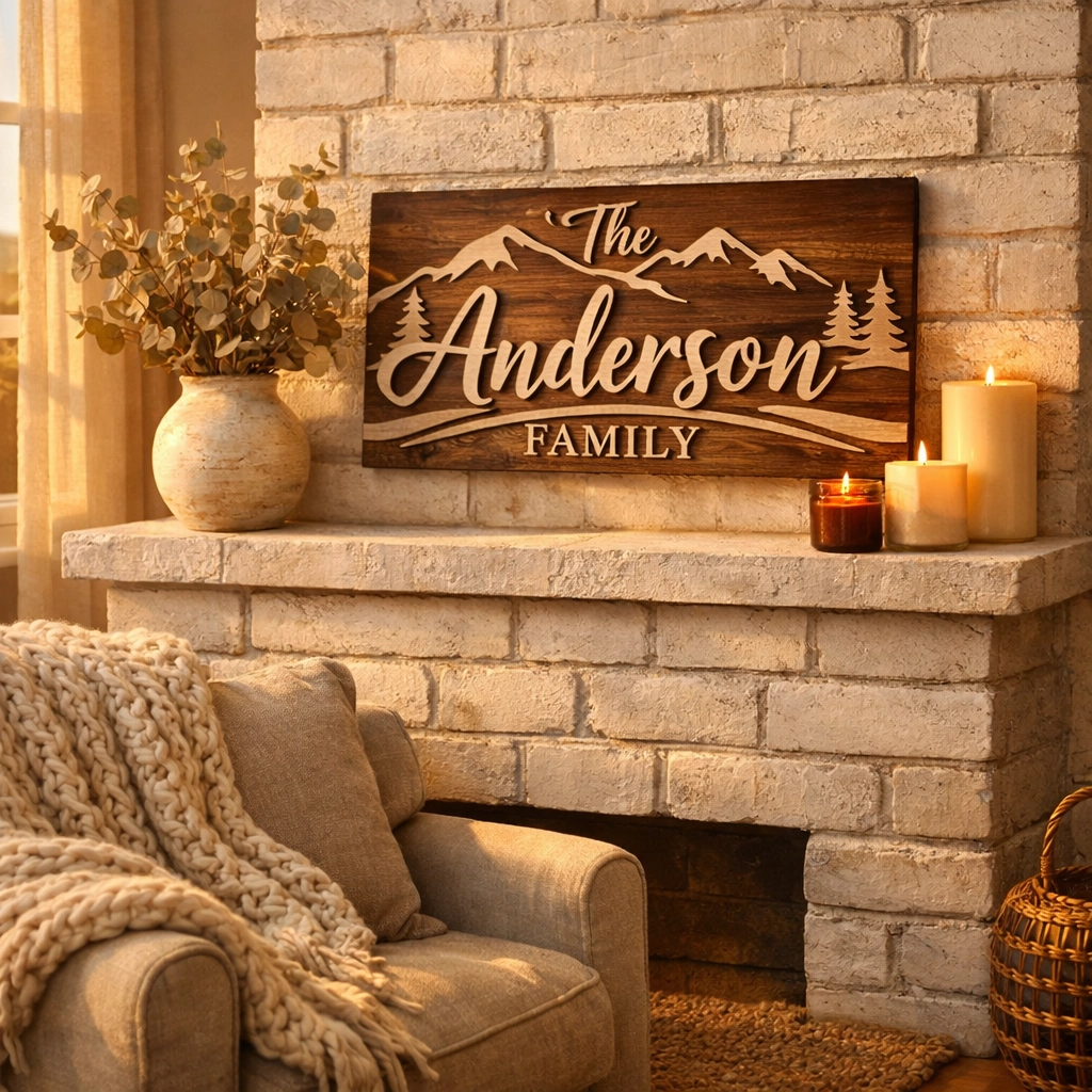 Personalized family name sign made of layered wood displayed on a cozy living room mantelpiece.