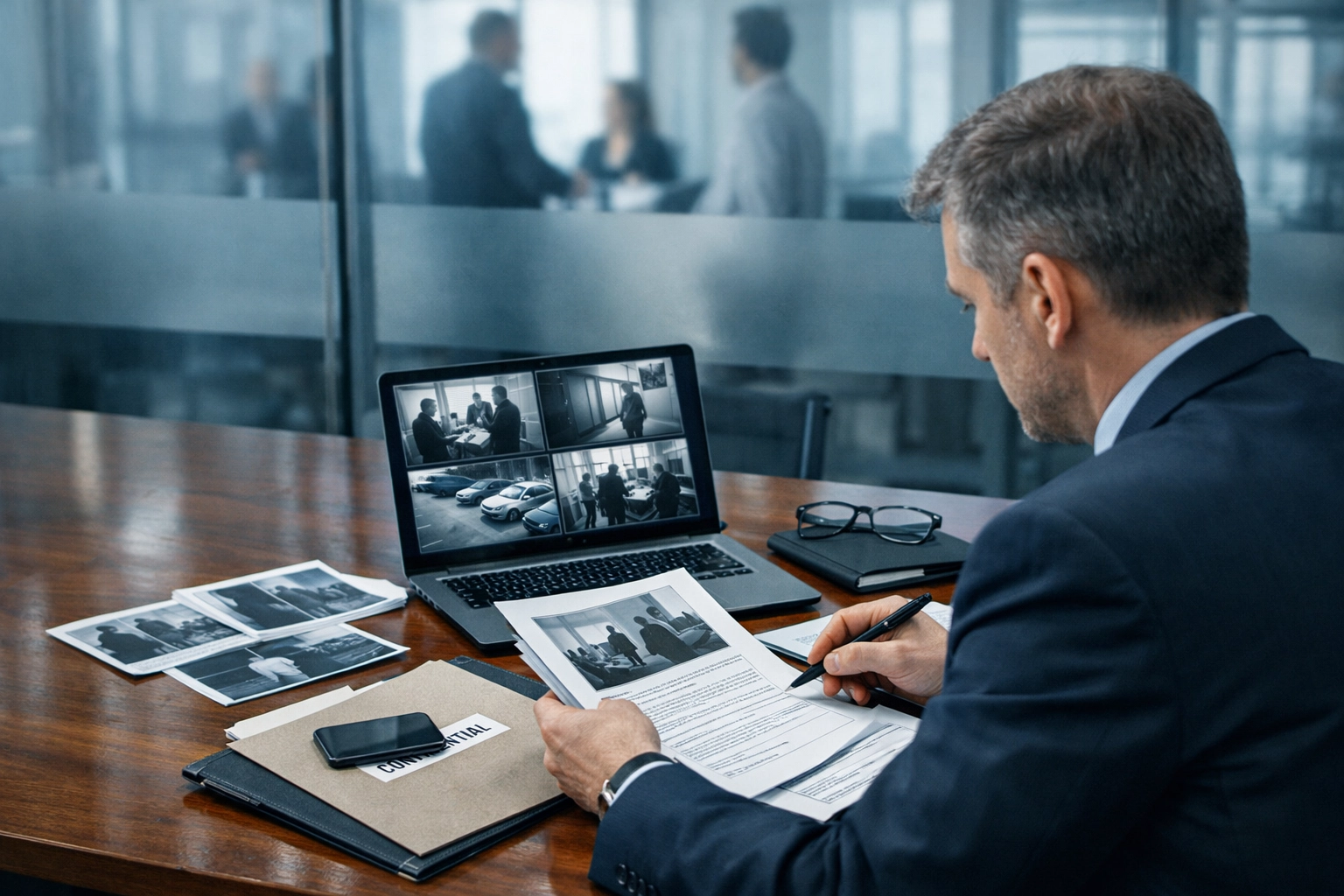 Licensed private investigator reviewing corporate surveillance footage and case documents in conference room