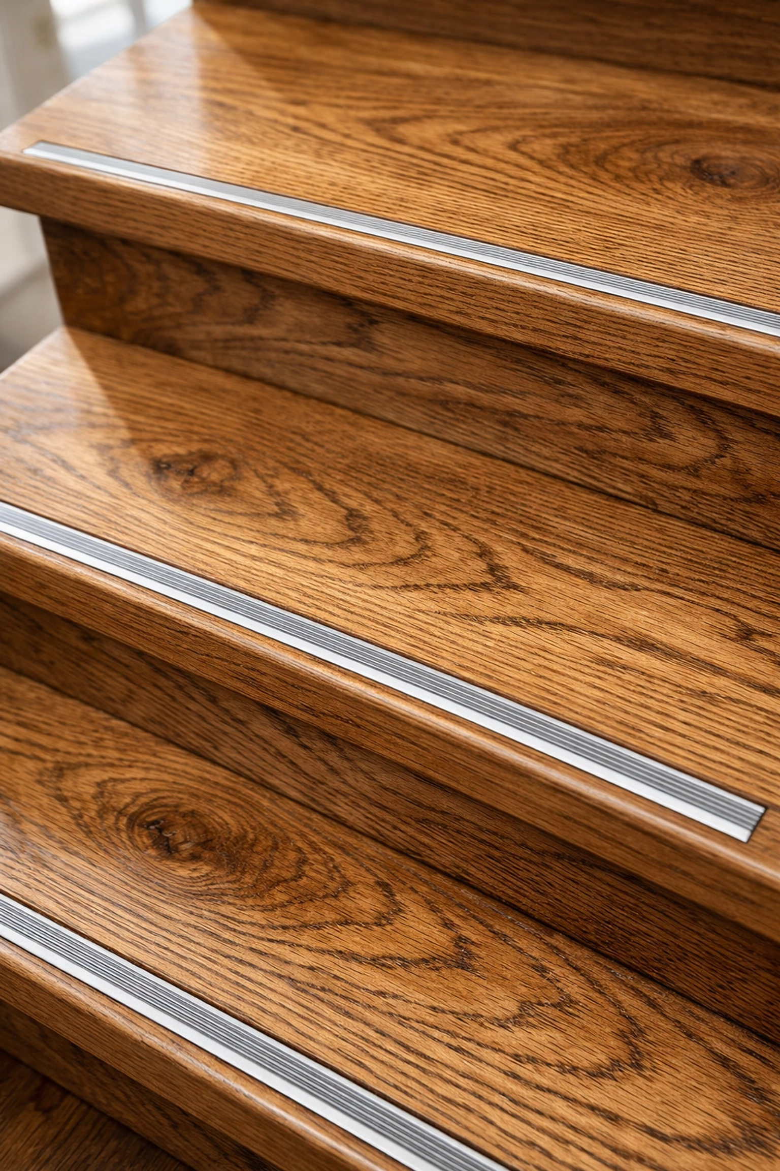 Close-up of wooden stairs with high-contrast non-slip treads to prevent falls and improve visibility.