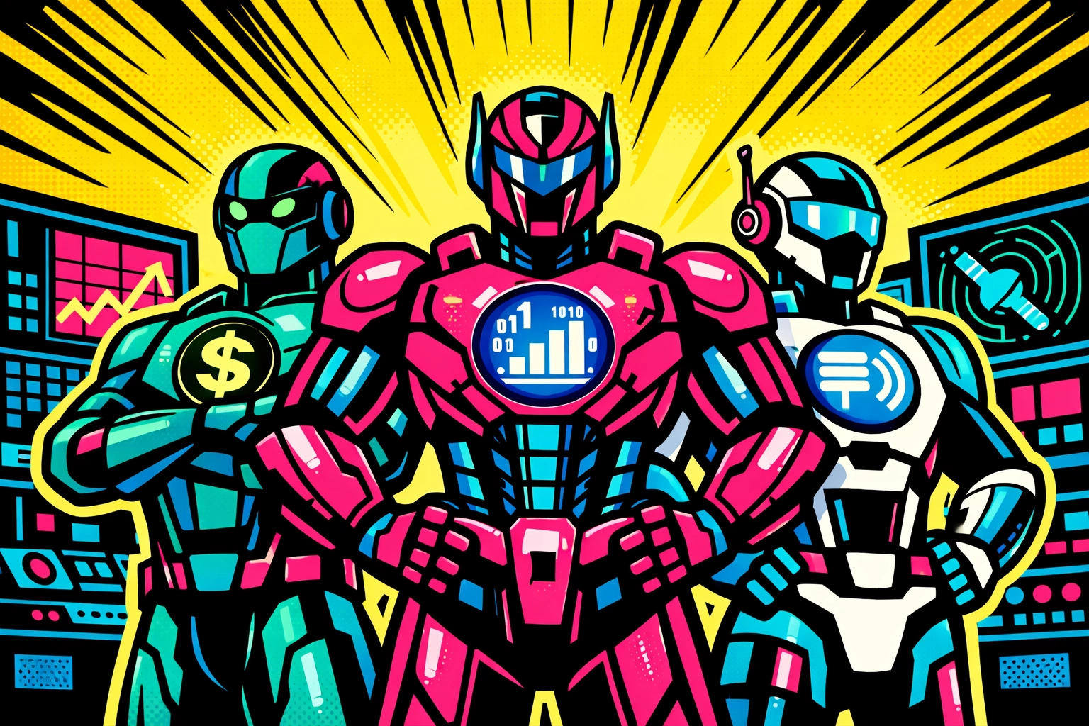 A team of AI virtual assistant robots managing business operations in a high-tech command center.