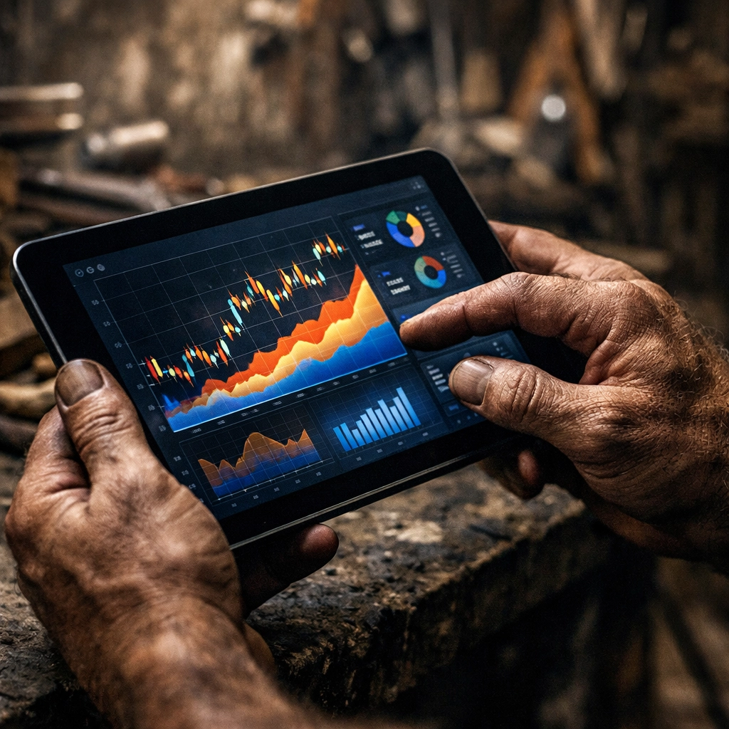 Hands holding a tablet in a workshop, showing the importance of high-quality and authentic business content.