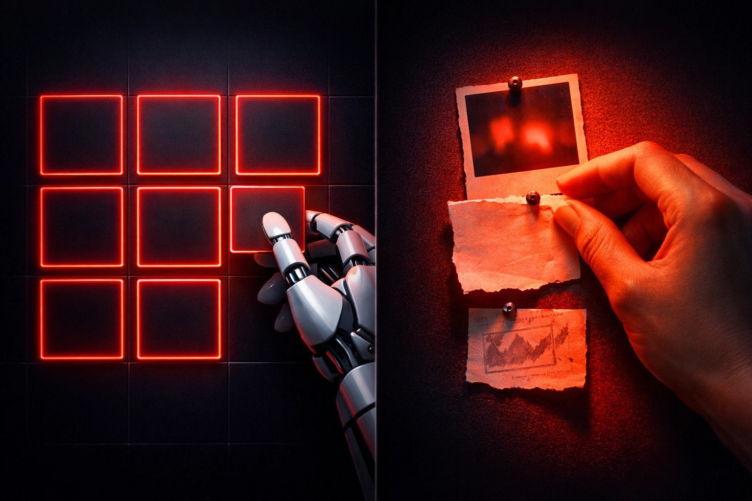 A visual contrast between sterile AI content generation and authentic human-first storytelling.