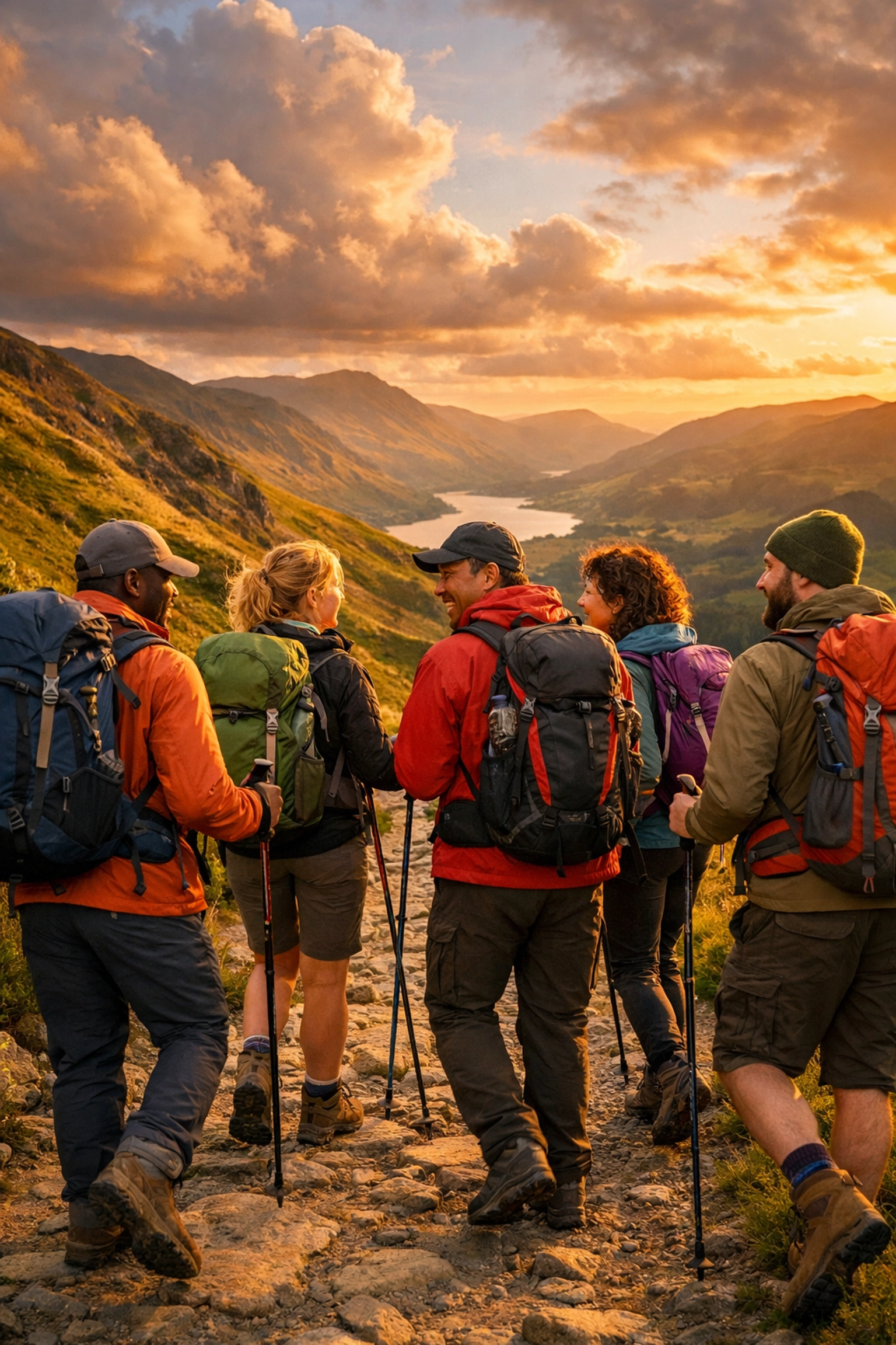 Group of hikers walking together on UK mountain trail during guided hiking tour