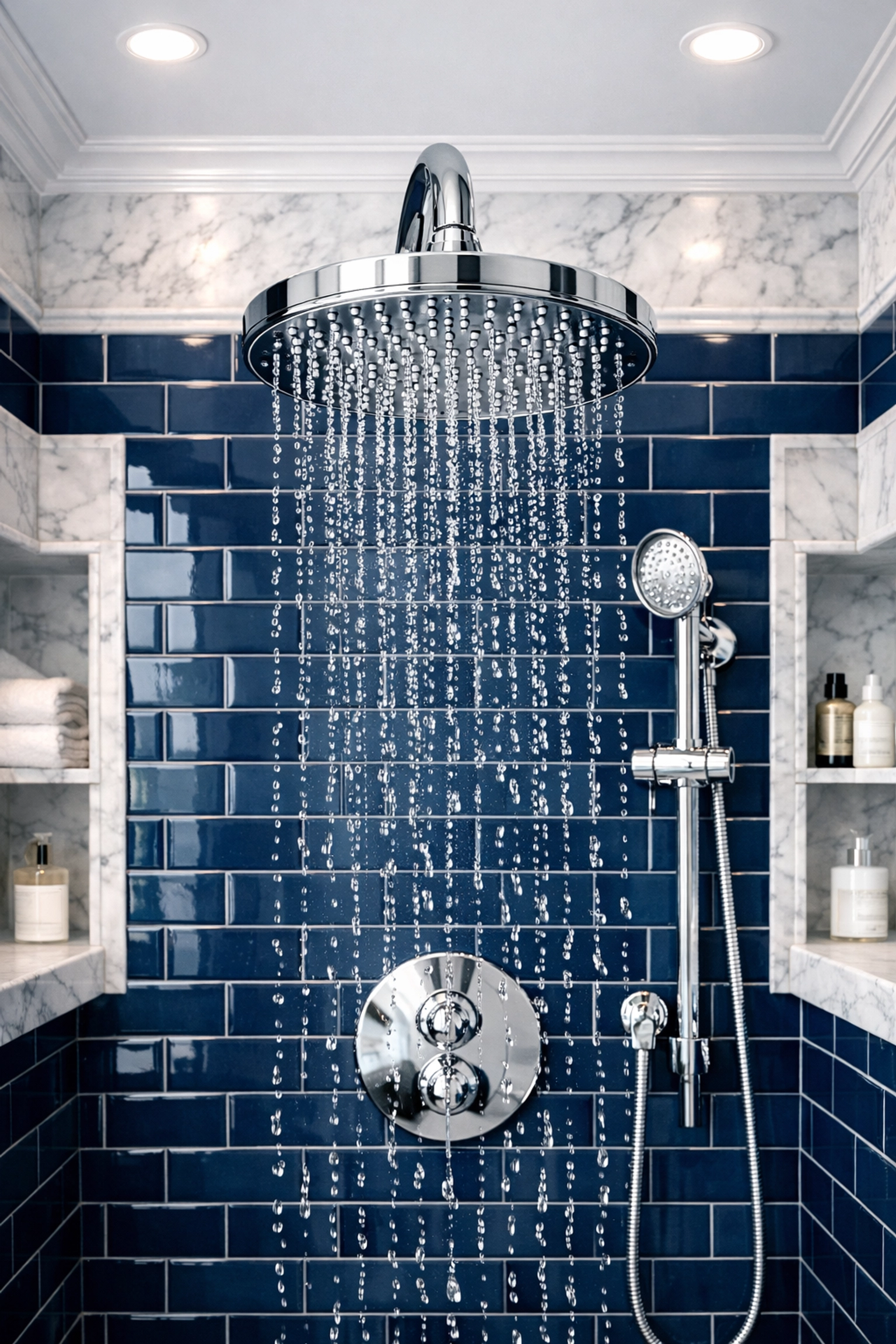 Clean chrome rainfall shower head with high-pressure water flow in a luxury blue tile shower.