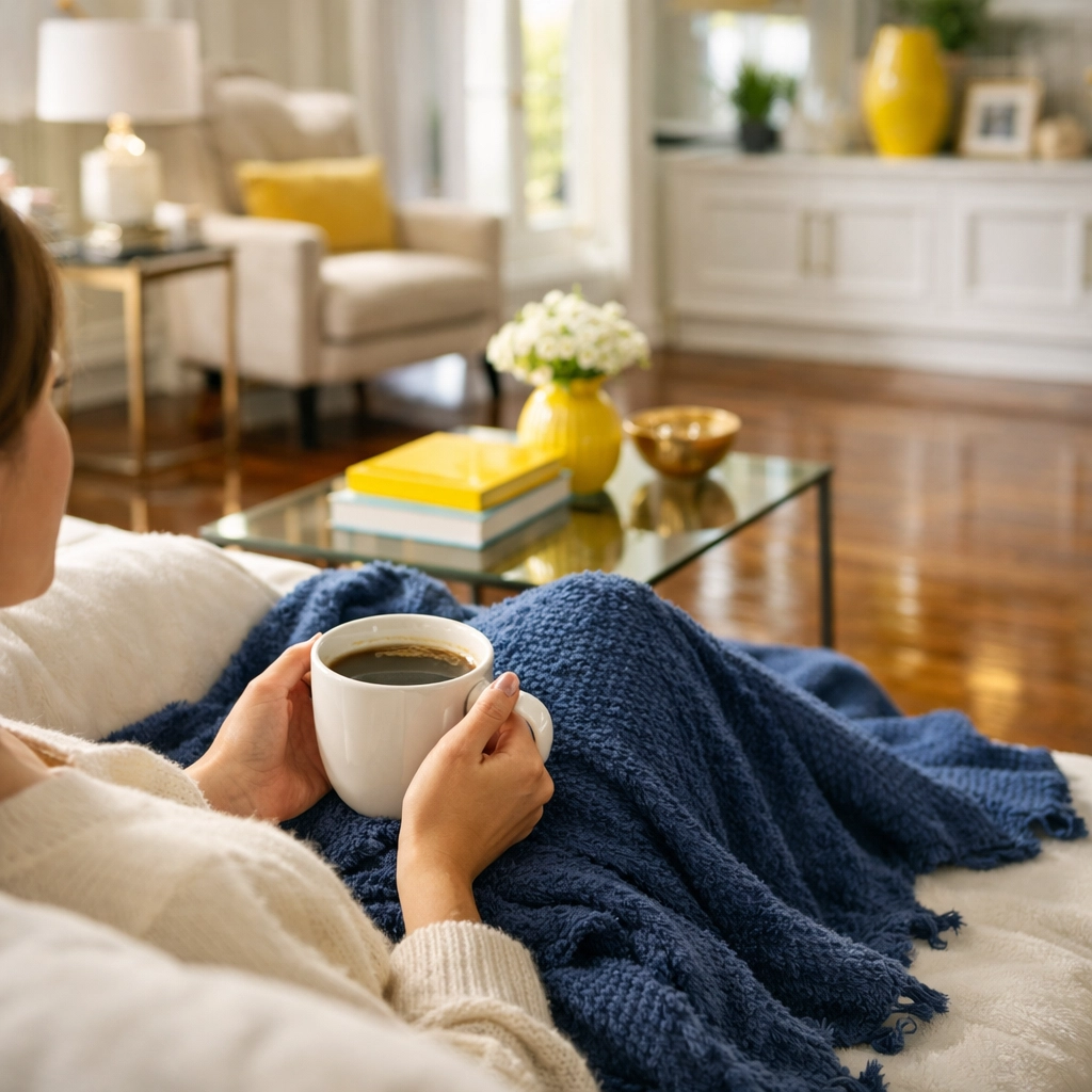 Homeowner relaxing in a sun-drenched living room maintained by a bi-weekly cleaning service.