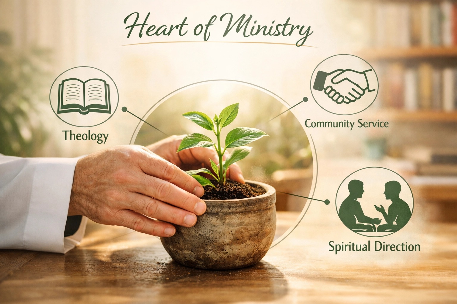 Pastor tending a plant infographic illustrating spiritual direction and theology degree competencies in practice.