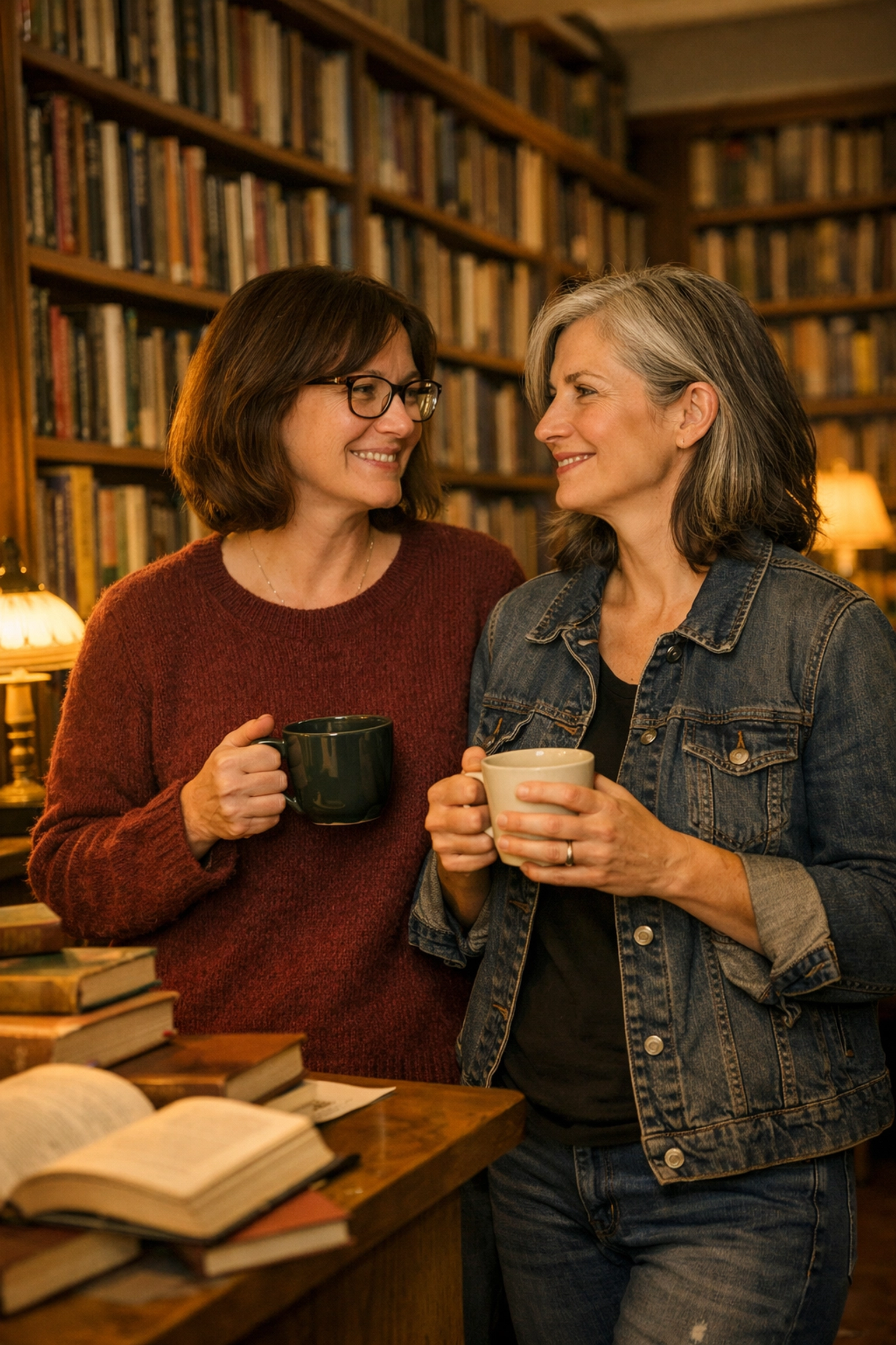 Former nuns sharing coffee in library reflecting their new life together outside convent