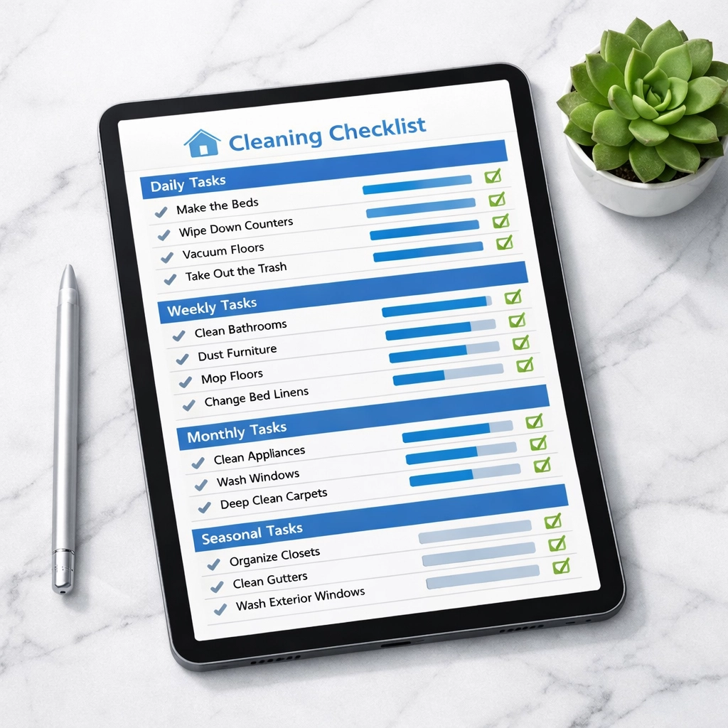 Digital tablet displaying a detailed commercial cleaning service checklist and schedule.
