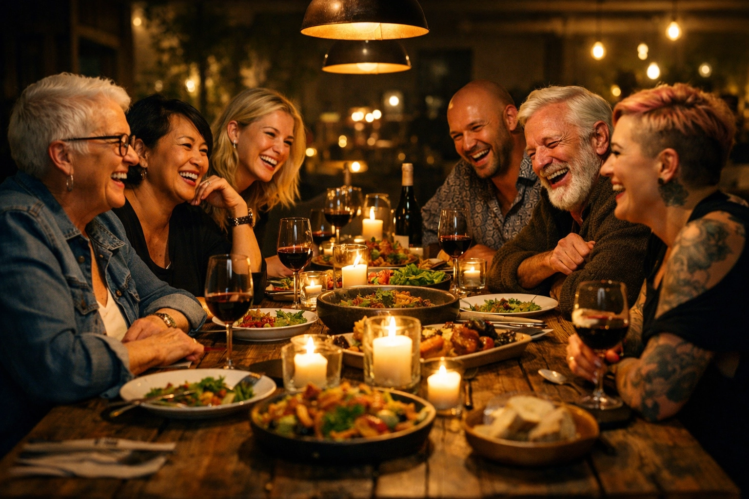 Diverse group of LGBTQ+ friends and queer elders sharing a meal, illustrating the power of chosen family.