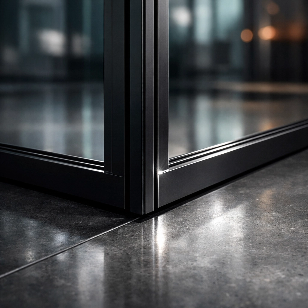 High-contrast detail of black-framed glass office partitions on a polished concrete floor.