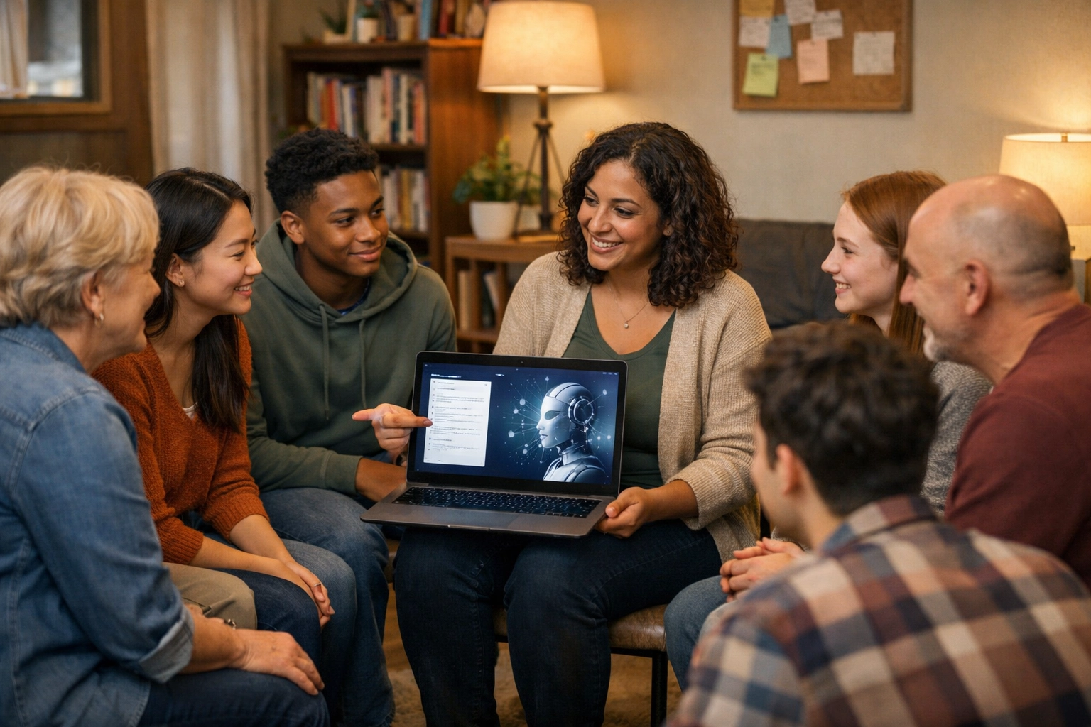 A warm, supportive coaching moment: a small diverse group (adults and teens) learning an AI tool together on a laptop.
