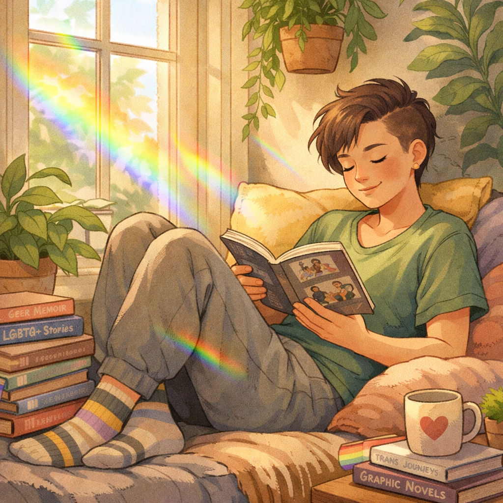 Person reading LGBTQ+ graphic novels in cozy space with rainbow light and plants